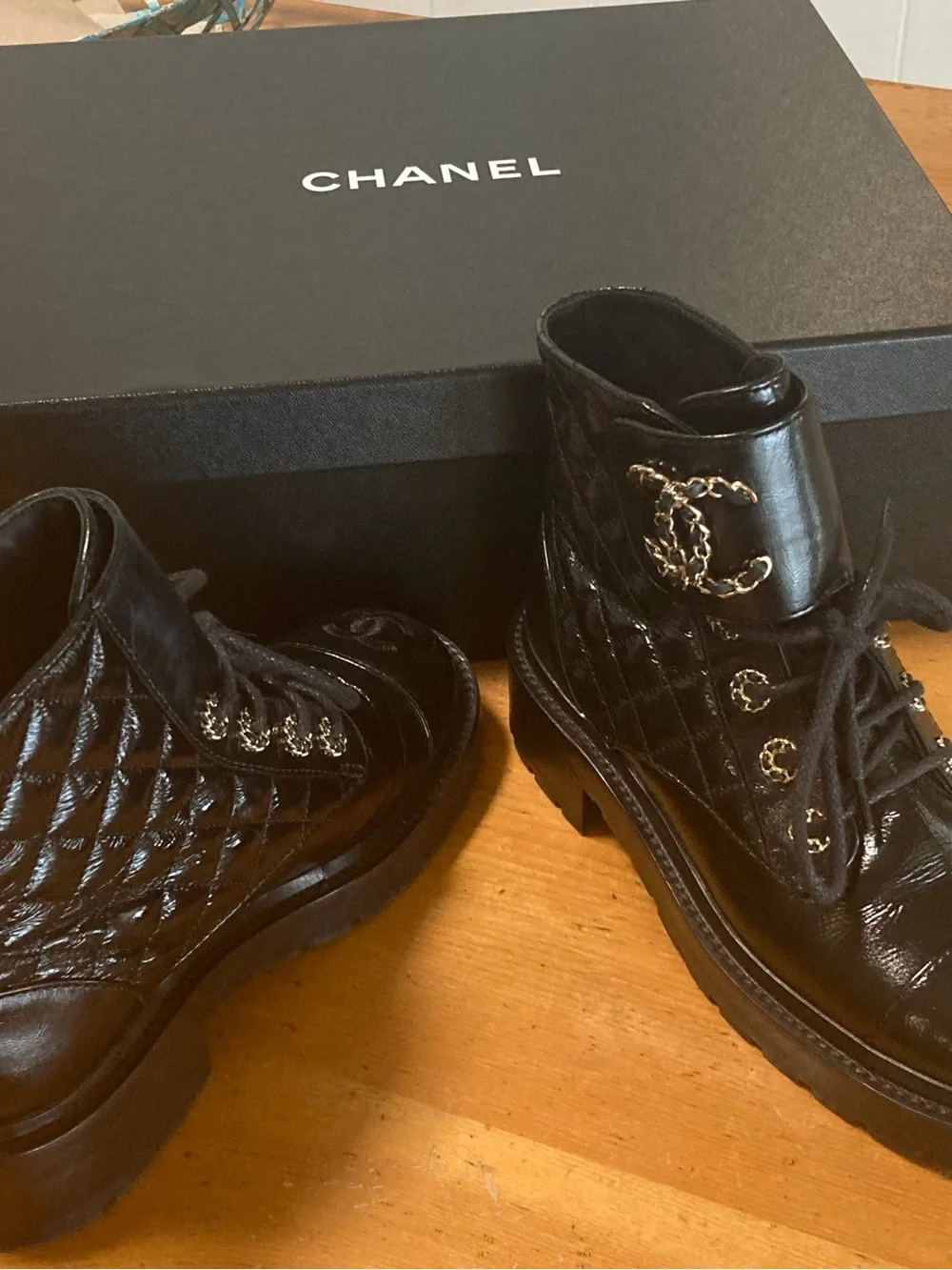 CHANEL Authentic Black Shiny Leather Low Heel Lace Up Combat Boots USA Size 6~